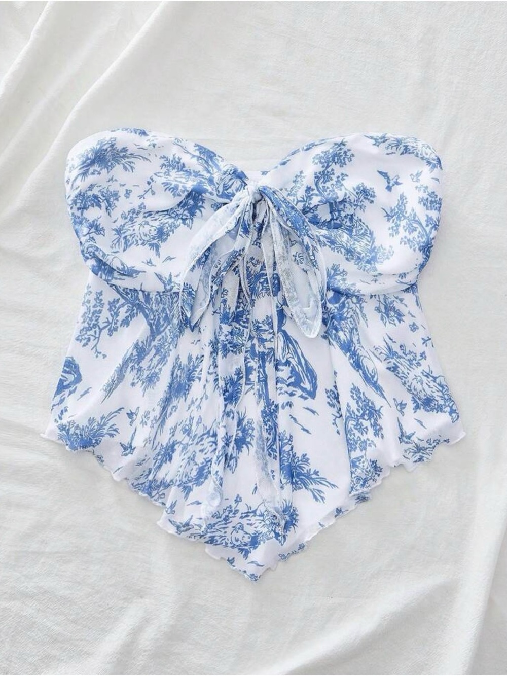 Strapless Blue & White Toile Tie-Front Top